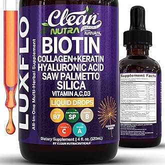 Liquid Biotin & Collagen Keratin Hyaluronic Acid Saw Palmetto Drops Vitamins for Hair Growth Support Silica Vitamin A C D Bamboo Turmeric Zinc Folate Magnesium Horsetail LuxFlo By Clean Nutra