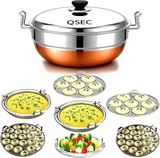 QSEC Stainless Steel 28cm idly cooker Multi Kadai Idli and dhokla Steamer & idli cooker with 7 plates | Mini idli stand | 2 Mini Idli plate | 2 idli | 2 Dhokla | 1 Momos | Copper bottom Multi utility kadai cookware set