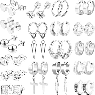 Earrings for Men - 18 Pairs, Black Gold Silver & Stainless Steel Stud, Cross, Dangle, Hoop Earrings Set - Fashion Piercing Jewelry