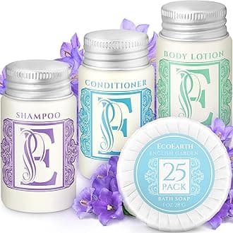EcoEarthTravel Accessories Bundle (English Garden, 1 Oz, 100 Pc), 4-Piece Hotel Essentials: 25 Round Soaps, 25 Shampoos, 25 Conditioners & 25 Lotions, Luxurious Hospitality Toiletries