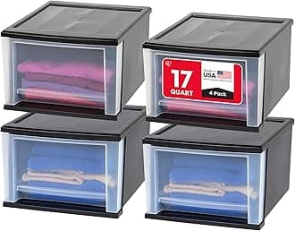 IRIS USA 17 Qt. Plastic Drawer Storage Organizer Stacking Drawers, 4-Pack, Stackable Unit with Sliding Drawer for Clothes Bedroom Kitchen Under Sink Pantry Craft Room Bathroom Dorm Office, Black