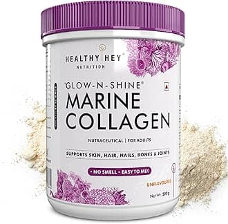 HealthyHey Glow-N-Shine Marine Hydrolyzed Fish Collagen Peptides | Type 1 & 3 Collagen Supplement with Hyaluronic Acid | For Skin, Hair, Nails (Unflavoured, 200,g)