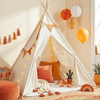 Wilwolfer Teepee Tent for Kids Foldable Children Play Tent for Girl and Boy with Carry Case 4 Poles White Canvas Playhouse Toy for Indoor and Outdoor Games (White)