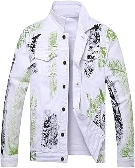 LAMKUKU Mens Denim Jacket Ripped Slim Jean Jacket Coat for Men