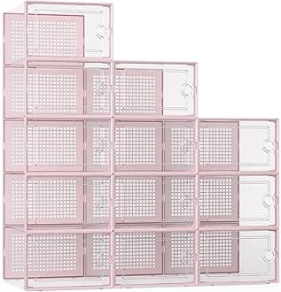 Kuject X-Large Shoe Storage Boxes Organizers for Closet 12 Pack, Fit Size 11,Clear Plastic Stackable Sneaker Containers for Entryway, Space Saving Shoe Rack Holder (Pink, 12 Packs)