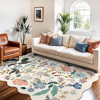 5x7 Living Room Area Rugs: Washable Floral Non-Slip Rug for Bedroom Dining Room Ultra Soft Carpet for Nursery Kitchen Home Office Farmhouse Thin Floor Mat for Teen Girls and Boys Dorms(5x7,Cream)