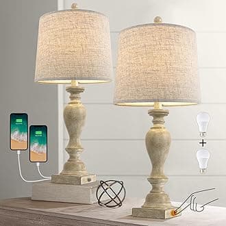 PORTRES 25.75" Farmhouse 3-Way Dimmable Table Lamp Set of 2 Touch Control Bedside Lamps Nightstand Lamps for Living Room Rustic Bedroom Lamps End Table Lamps with USB C+A (Retro Beige)
