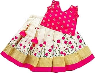 Lehenga Choli For Girls Floral Pattern Traditional Dress Ethnic Wear For Baby Girls Peacock Cotton Silk Kerala South Indian Pattu Pavadai Lehenga for Kids