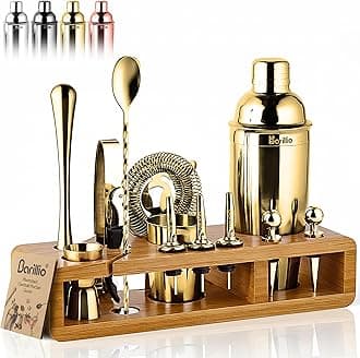 Gold 23-Piece Bartender Kit Cocktail Shaker Set : Stainless Steel Bar Tools With Sleek Bamboo Stand, Velvet Carry Bag & Recipes Booklet