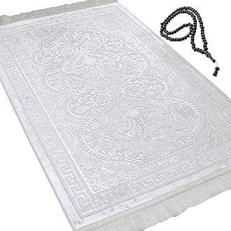 Modefa Luxury Velvet Prayer Rug with Prayer Beads | Soft Elegant Muslim Turkish Janamaz Sajada Carpet for Men and Women | Plain Solid Prayer Mat Ramadan Eid Gift - Paisley (Vanilla Creme)