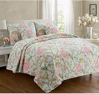 Cozy Line Home Fashions Blooming Red White Floral 100% Cotton Reversible Quilt Bedding Set, Coverlet Bedspread (Camellia Green, Queen - 3 Piece)