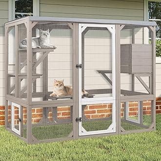 Catio Outdoor Cat Enclosure, Wooden Cat Catio, Large Weatherproof Cats House with Multiple Platforms and 1 Resting Boxes for Multiple Cats