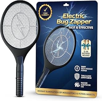 Bug Zapper Racket - Electric Fly Swatter & Mosquito Zapper for Indoor/Outdoor Insect Control - Battery-Operated Tennis Racket Zap - Lightweight & Portable High Voltage Bug Zapper - Black Mamba