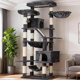 Heybly Cat Tree, 71-Inch-Tall Tower for Indoor Cats with 2 Perches, 2 Big Condos, 2 Hammocks, Basket, Scratching Pad, Large Cat Furniture and Condo, Smoky Gray HCT034G