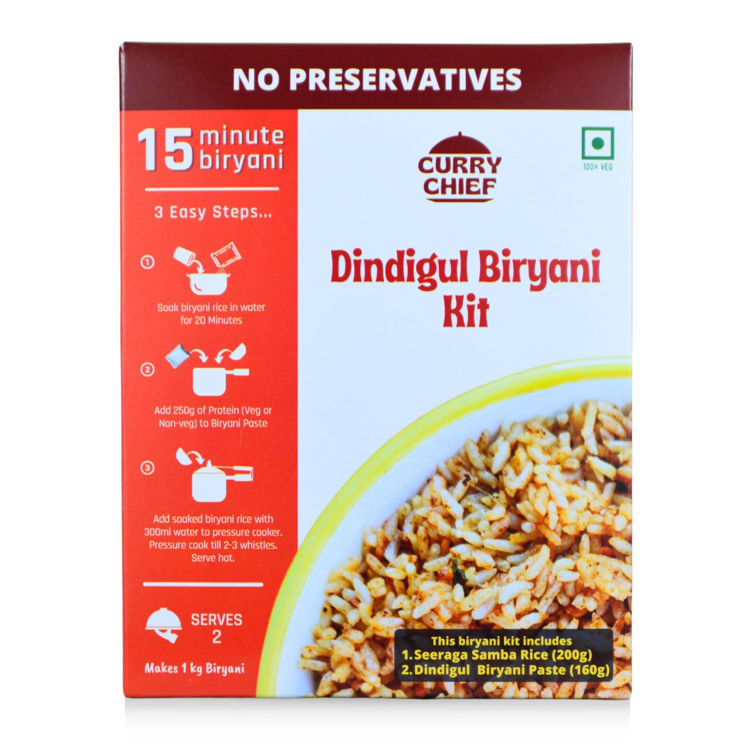 Dindigul Biryani Kit | Includes Biryani Paste (175g) and Biryani Rice (200g) Just add Protein to cook | Cook in Just 15 Minutes | Ready to Cook | 100% Veg | 100% Natural | No Preservatives | Premium Ingredients | Cow Ghee | Serves 2-3