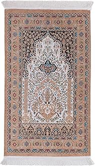 Turkish Traditional Woven Muslim Prayer Rug Comfortable Foldable and Portable Islamic Prayer Mat for Men & Women Soft Cotton and Luxury Liner Ottoman Prayer Rugs Ramadan or Eid Gift Box (Light Brown)