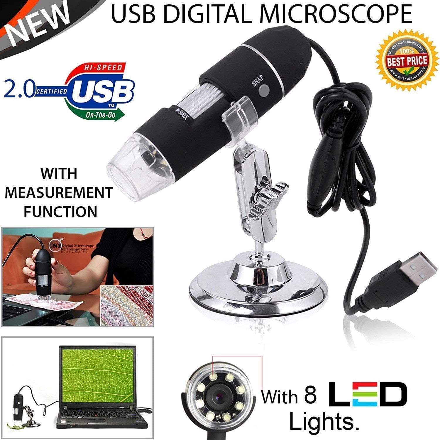 Brand Conquer 1000x Digital Microscope Camera HD Color 0.3m CMOS Sensor (2.0 MPIX) 8 LED and 5X Zoom 30FPS (Black)