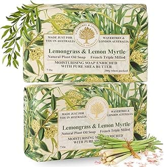 Lemongrass & Lemon Myrtle Scented Natural Soap (2 Bars), 7oz Moisturizing French Triple Milled Soap Bars enriched with shea butter - Pure Plant Oil Bath & Body Soap Bars