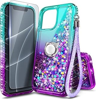 NGB Designed for iPhone 12 Pro-Max Case, Aqua/Purple | Glitter Liquid Sparkle Cute Cover for Women Girls Kids | with Tempered Glass Screen Protector & Ring Holder & Wrist Strap