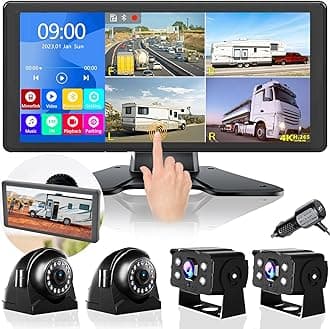 - 4K RV Backup Camera System 10.36" Quad Split Touch Screen Monitor with 4 1080P Rear Side View Camera, DVR Recording Bluetooth MP3 MP5 IP69 Waterproof Night Vision for RV Truck Trailer Tractor