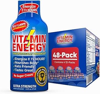 Vitamin Energy B12 11,000% Extra Strength Energy Shot Açaí Pomegranate 48 Pack, 260mg Natural Caffeine, B12 & B6, Nootropic Focus, Vitality, Zero Sugar, Gluten-Free, Vegan, Kosher, 1.93 fl oz