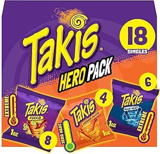 18 pc Hero Variety Pack, Assorted Flavored Mixed Rolled Tortilla Chips – (8) Fuego, (6) Blue Heat, (4) Intense Nacho