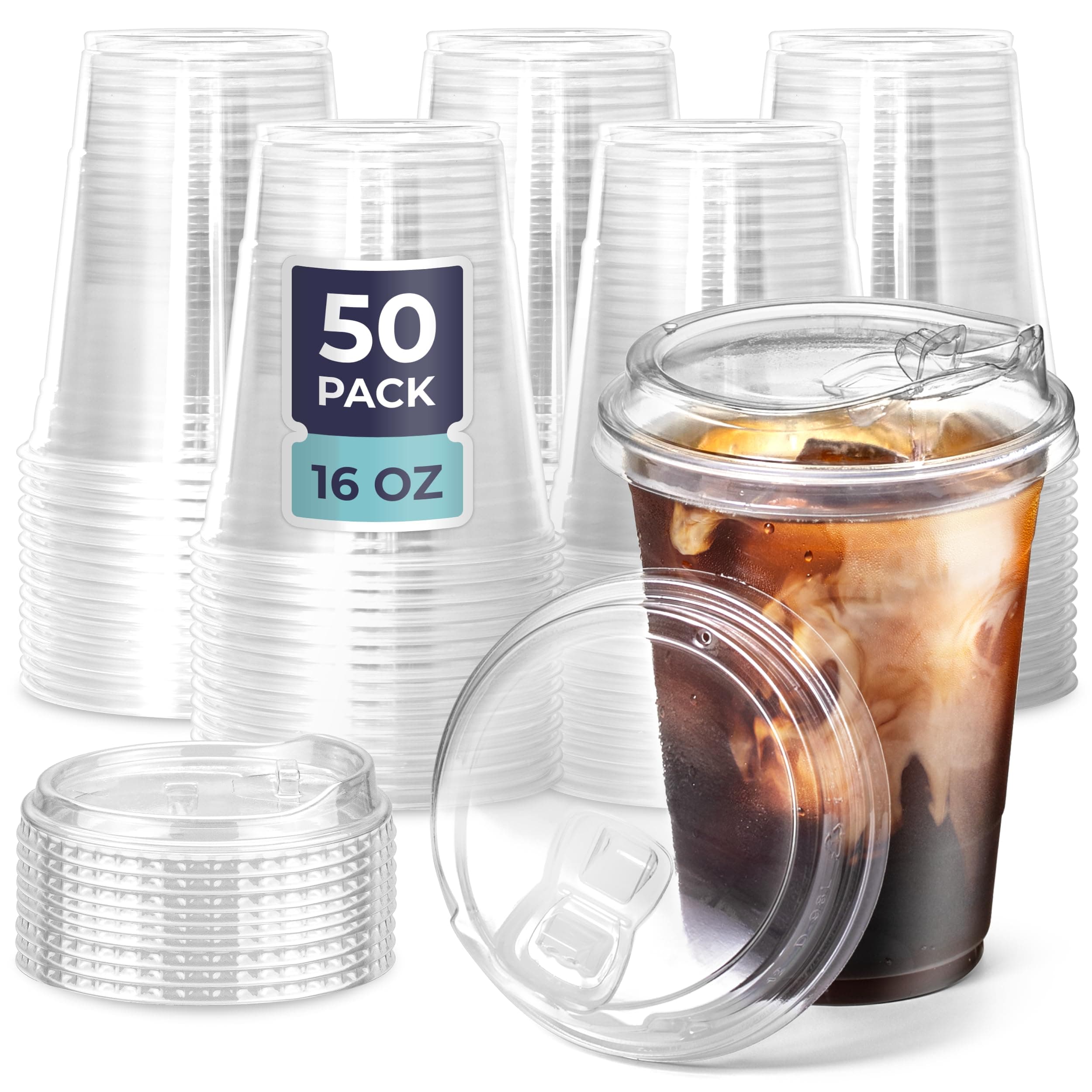 Fit Meal Prep 50 Pack 16 oz Clear Plastic Cups with Strawless Sip Lids, Disposable Plastic Coffee Cups with Lids, To Go Cups for Iced Coffee, Smoothies, Soda, Party Drinks, Bubble Tea, Cold Beverage