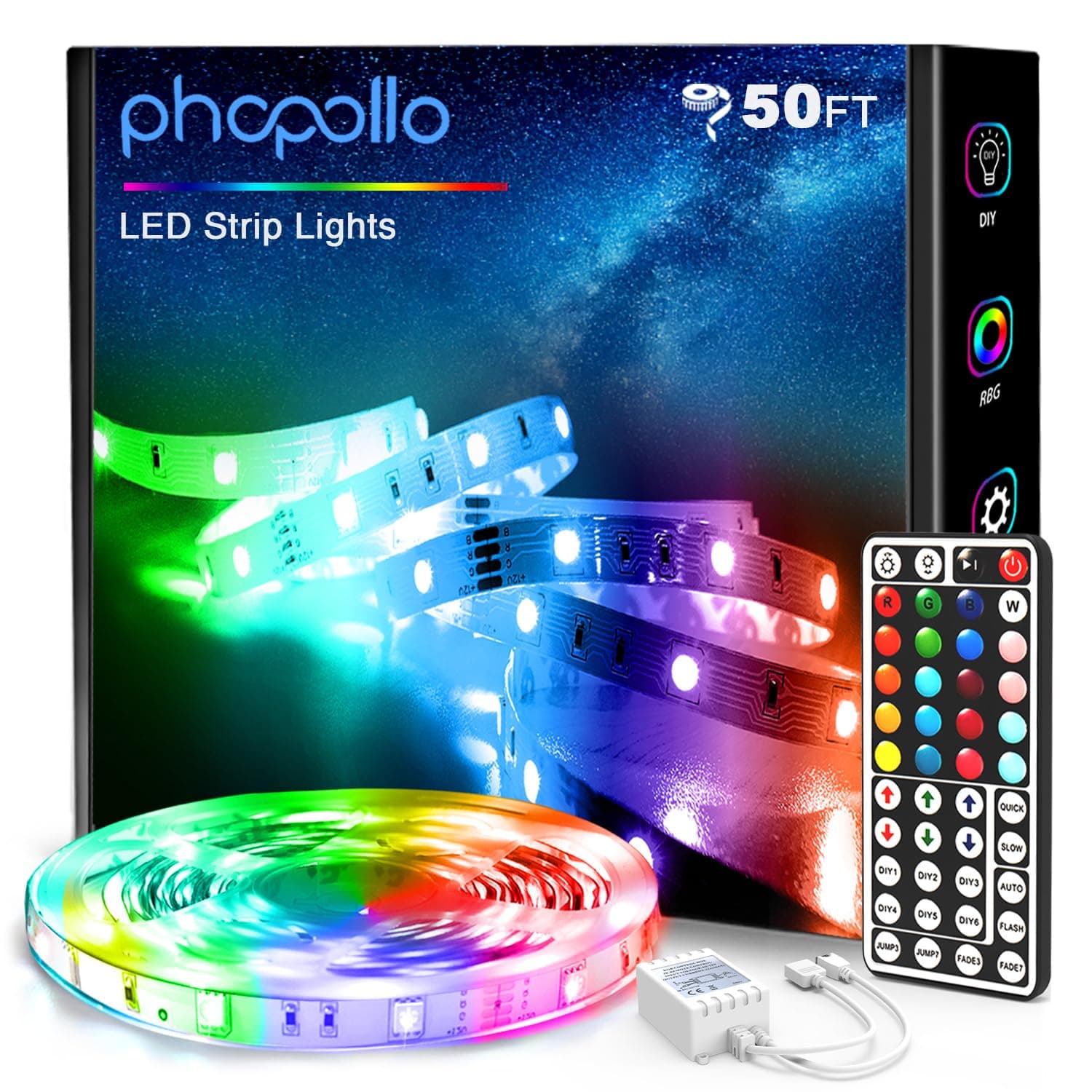 phopollo LED Lights for Bedroom 50FT, 5050 LED Strip Lights with 44 Key IR Remote Controller and 12V Power Supply for Home Decoration