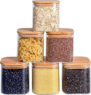 Jinelza Glass Canisters Food Storage Containers Set With Airtight Bamboo Wooden Lids - Food Storage Glass Jar for Candy, Cookie, Rice, Sugar, Flour, Pasta, Nuts (750ML SQUARE JAR, 4 PCS)