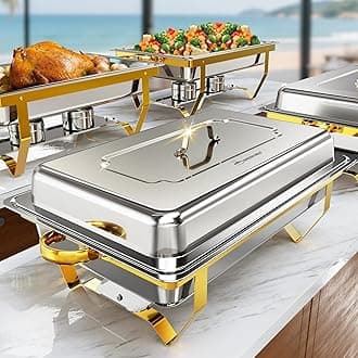 4 Pack Chafing Dishes for Buffet | 9.5QT Stainless Steel Food Warmer with 4 Full Size Pans | Roll-Edge Design | Elegant Gold & Silver Catering Chafer for Parties/Events/Weddings