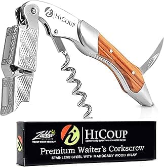 Hicoup Wine Opener - Professional Corkscrews for Wine Bottles w/Foil Cutter and Cap Remover - Manual Wine Key for Servers, Waiters, Bartenders and Home Use - Stainless Steel With Mahogany Wood Inlay