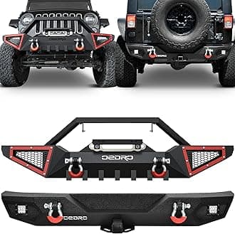 OEDRO Front & Rear Bumpers Fit 2007-2018 Jeep Wrangler JK Unlimited, Rock Crawler Off Road Full Width with & Paintable Armor & Winch Plate Mounting & D-Rings & Hitch Receiver & 2 X LED Lights