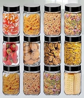 Vency Piramal Glass Cubical Square 300ml Transparent Glass Jars & Containers for Kitchen Pantry, Snacks, Masala, Pickles, Dry Fruits, Coffee Beans Storage with Black Plastic Lid (300ml, Set Of 12)