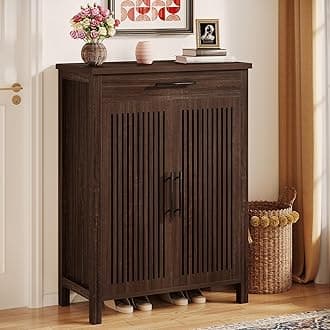 Shoe Cabinet, 5-Tier Shoe Storage Cabinet with Louvered Doors and Drawer, Freestanding Wooden Shoe Rack Organizer with Adjustable Shelves for Entryway, Hallway, Closet, Black Walnut