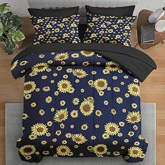 Comforter Set Queen Size, Vintage Sunflower Navy Blue 7 Pcs Bedding for Kids and Adults, Floral Flower Bed Sheet Sets with Fitted Sheet 2 Pillowcases & 2 Shams for Bedroom Bed Decor