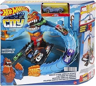 City Wreck & Ride Gorilla Attack with 1 Hot Wheels Car, Connects to Other Sets, Gas Station-Themed Set, Gift for Kids 4 to 8 Years Old, HDR30