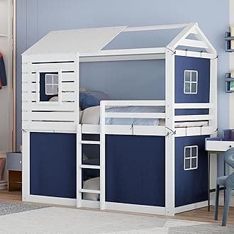 Harper & Bright Designs Twin Over Twin Bunk Bed, Wood Twin Size Bunk House Bed with Tent and Windows, Blue+White