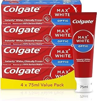 Colgate Max White Optic Toothpaste 4X75ml - Teeth Whitening Toothpaste - Clinically Proven Formula - Removes up to 100% of Surface Stains - Optic Brighteners Instantly Whiten Teeth
