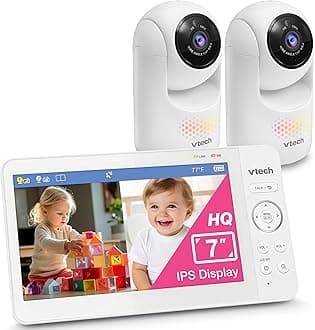 Advanced HQ Max Twin 7" Digital Video 2-Cameras Baby Monitor with Pan Tilt Zoom, Long Battery Life 5000mAh, IPS Screen, Adaptive Multi-Color Night Light, 2-Way Talk, HQ Display, No WiFi, White
