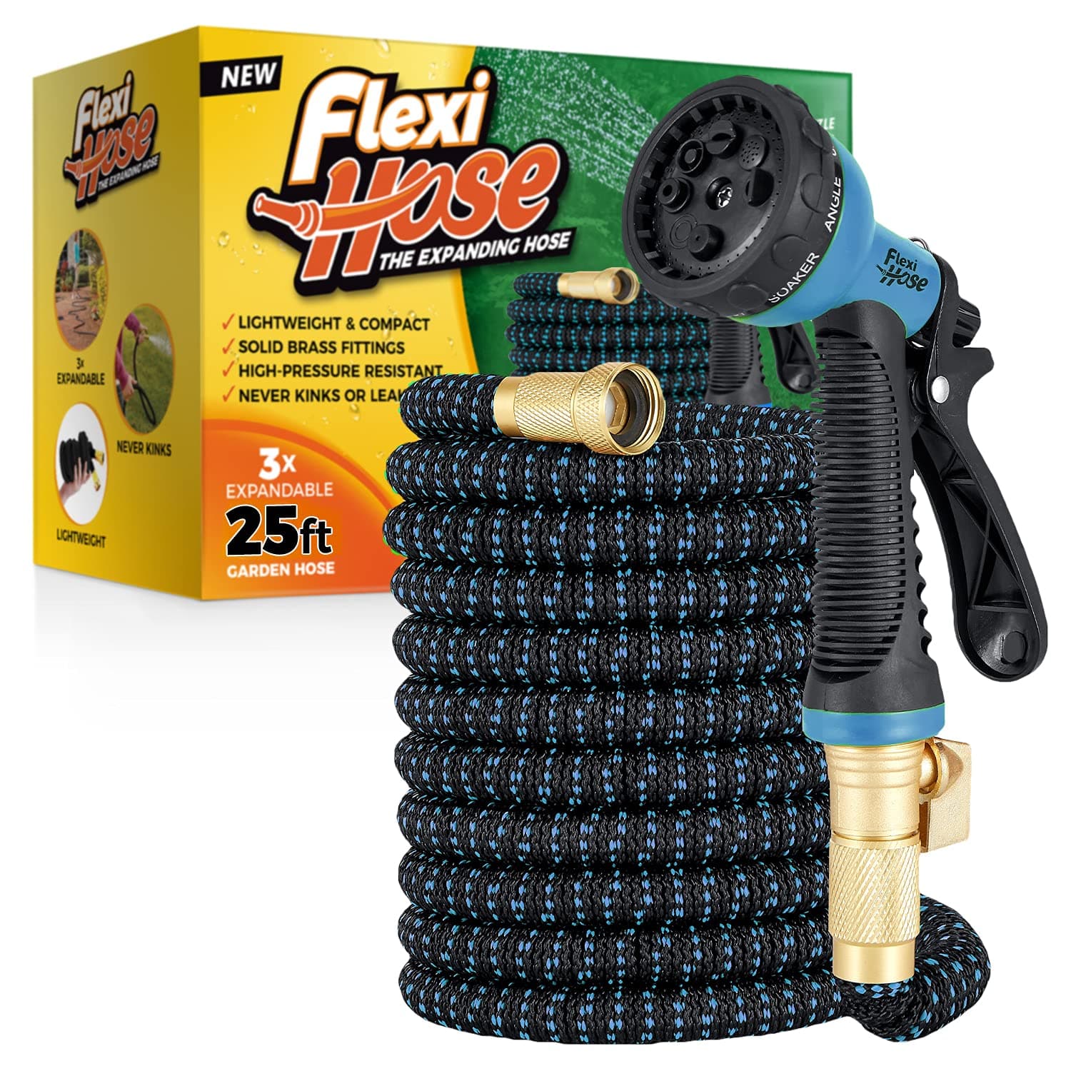 Flexi Hosewith 8 Function Nozzle Expandable Garden Hose, Lightweight & No-Kink Flexible Garden Hose, 3/4 inch Solid Brass Fittings and Double Latex Core, 25 ft Blue Black