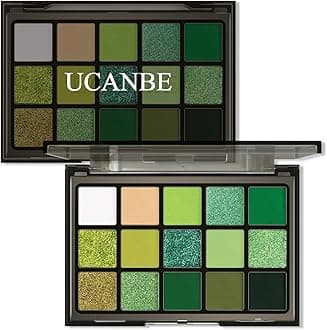 UCANBE Green Eyeshadow Makeup Palette, 15 Colors Bright Dark Green Shimmer Matte Metallic Glitter Eye Shadow, Forest Emerald Lime Pallet Kit for Cosplay Parties Christmas Halloween SFX