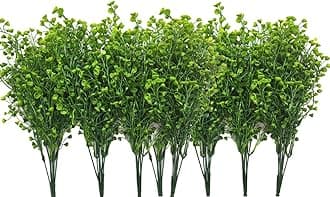 CATTREE Artificial Shrubs Bushes, Plastic Fake Green Plants Wedding Indoor Outdoor Home Garden Verandah Kitchen Office Table Centerpieces Arrangements Christmas Decoration - Green 8 pcs