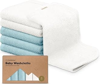 6-Pack Organic Baby Washcloths - Soft Viscose Derived from Bamboo Washcloth, Baby Wash Cloths, Baby Wash Cloth for Newborn, Kids, Bath Baby Towels, Face Towel, Face Cloths for Washing Face(White/Sky)