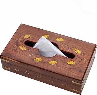 Pure Source India Handmade Wooden Napkin Holder with Brass Inlay, Decorative Handmade Wood Leaves Design Brass Inlay Tissue Rack for Facial Napkins Box
