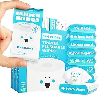 Impossibly Compact Travel Flushable Wipes - 99.5% Water and Aloe - Safe for Sensitive Skin, Hypoallergenic & Unscented - Travel Essentials for Adults, Kids & Baby Care - 24 Pack Total 144 Wipes