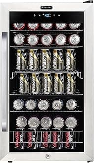 Beverage Refrigerator with Double-Layer Glass Door, 136-Can 3.4 Cu. Ft. Drink Mini Fridge with Lock & Digital Control, BR-1211DS, Stainless Steel