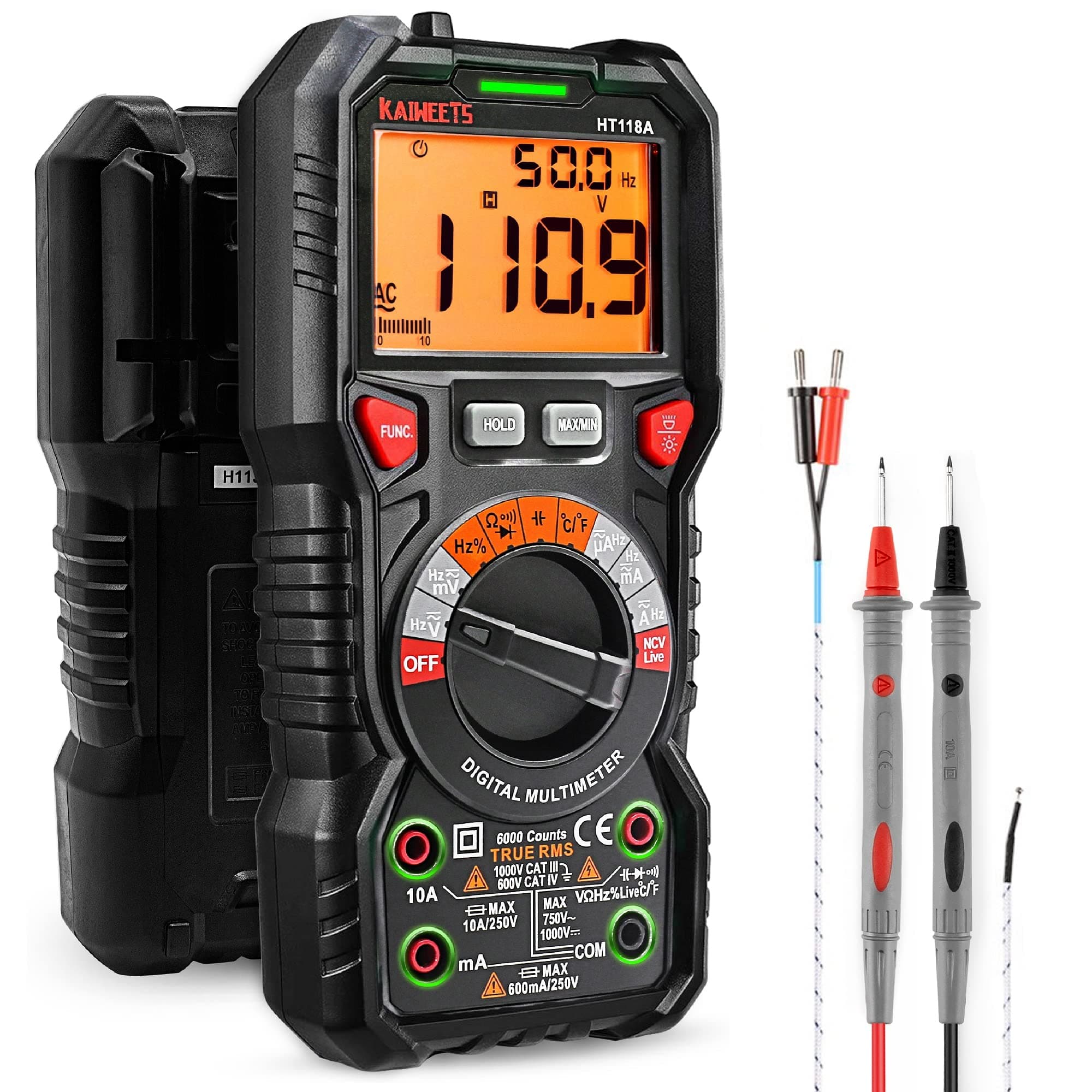 HT118A Digital Multimeter TRMS 6000 Counts Ohmmeter Auto-Ranging Fast Accurately Measures Voltage Current Amp Resistance Diodes Continuity Duty-Cycle Capacitance Temperature (without battery)