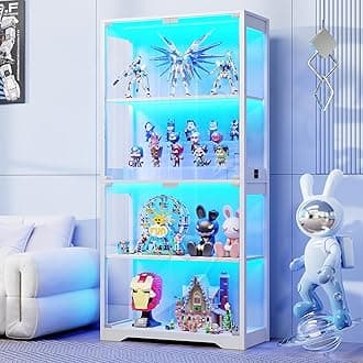 Display Cabinet with Glass Doors, 4-Tier Curio Cabinet with 3 Color Lights for Collectibles, Glass Display Case with Human Body Sensor, Bookcase with 4 Shelves, Storage Cabinets, White