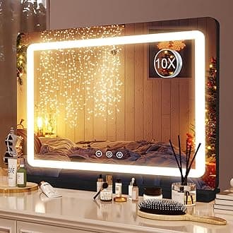 Saimeihome Hollywood Vanity Mirror with Lights, Large Makeup Mirror with 3 Light Colors, USB and 10X Magnifying, Touch Control Cosmetic Mirror for Tabletop or Wall Mount - 80x55cm Black