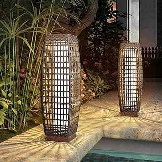 Grand patio Outdoor Floor Lamp Solar Powered Lantern Water-Resistant Wicker Deck Light for Garden or Porch - Medium Fuji, Silver Gray